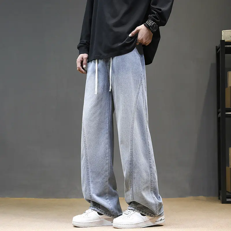 Herren Weite Denim‑Baggy‑Jeans mit Tunnelzugbund, tiefem Schritt und markanten Ziernähten Drune