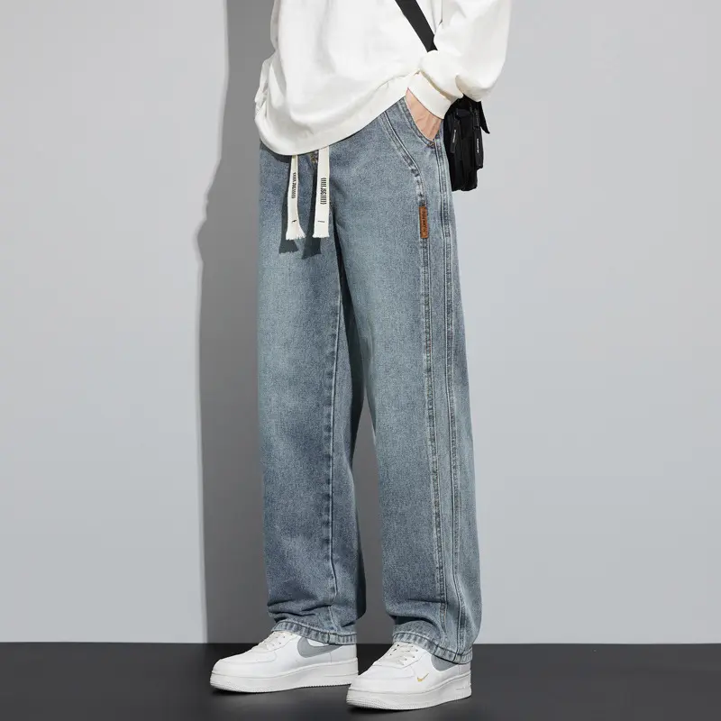 Herren Weite Denim-Hose im Lounge-Style mit Tunnelzugbund und geradem Bein Drune