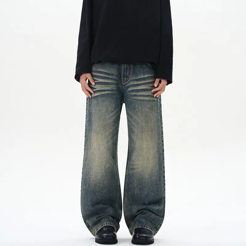 Herren Weite Denim-Jeans im Vintage-Whisker-Look mit horizontalen Falten und bodenlangem Saum Drune