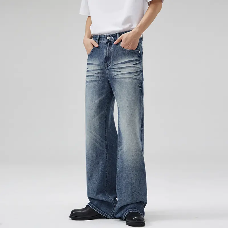 Herren Weite Five-Pocket-Jeans im Marlene-Baggy-Schnitt mit Used-Effekten Drune