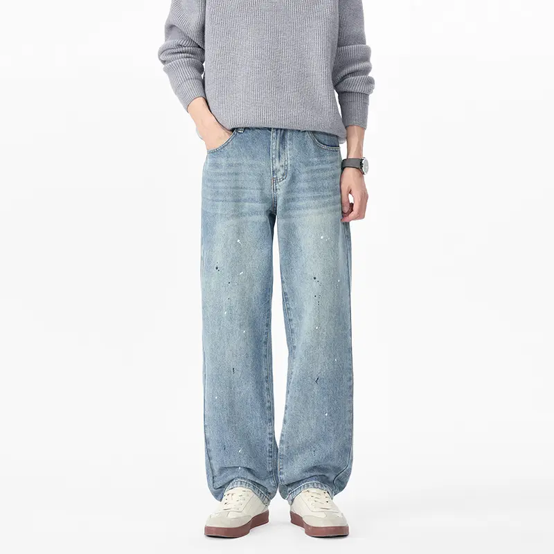 Herren Weite Relaxed-Fit Denimhose mit Paint‑Splatter und Used‑Effekt Drune