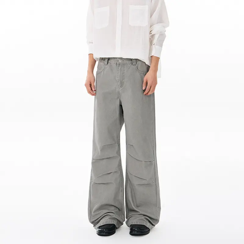 Herren Weite Relaxed-Twill-Hose mit tiefem Schritt, bodenlanger Silhouette und Gürtelschlaufen Drune
