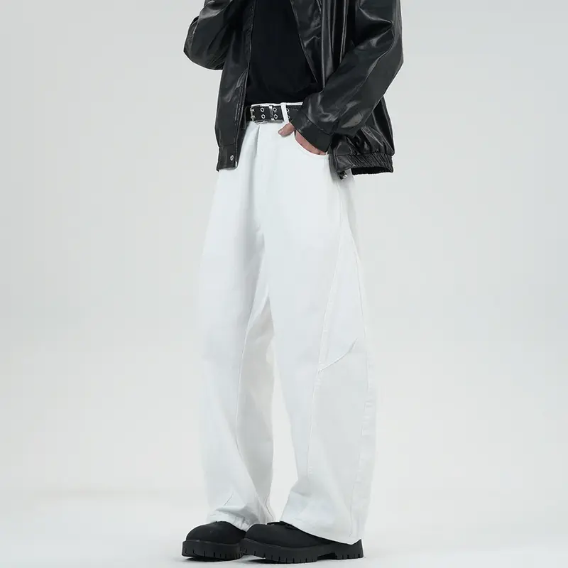 Herren Weite Stonewashed-Paneel-Denimhose mit tiefem Schritt und markanten Ziernähten Drune