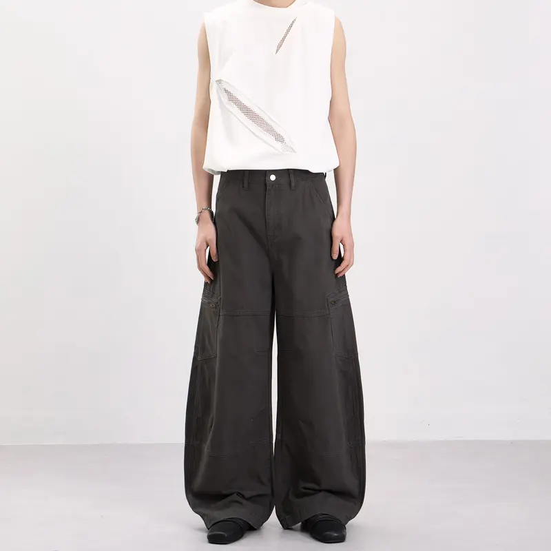 Herren Weite Twill-Palazzo-Cargohose mit tiefem Schritt, Knieabnähern und Utility-Taschen Drune