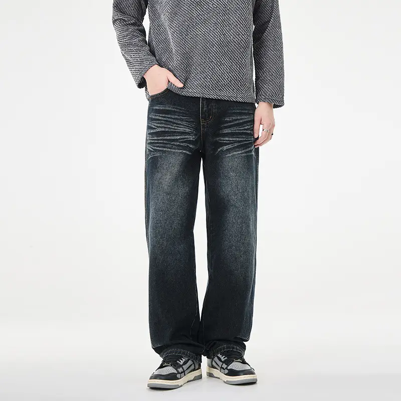 Herren Weite Vintage-Denim-Jeans mit Falteneffekt und tiefer Leibhöhe Drune