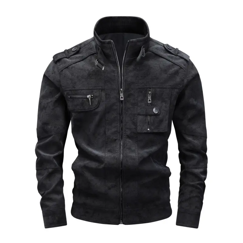Herren Wildlederoptik-Fieldjacke mit Stehkragen, Schulterklappen und multiplen Reißverschlusstaschen Drune