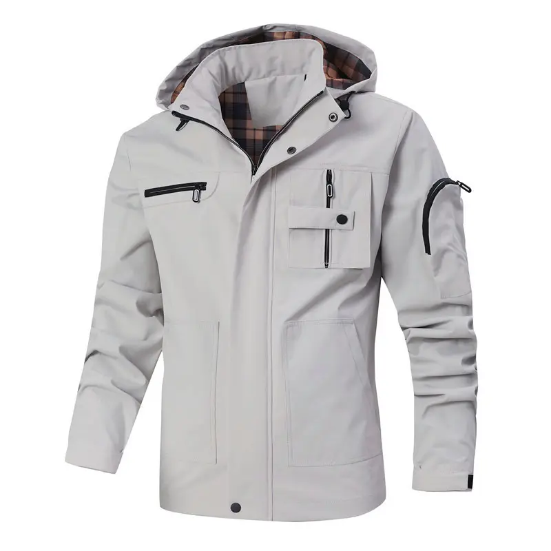Herren Winddichte Softshelljacke mit Kapuze, kariertem Innenfutter und Multifunktionstaschen Drune