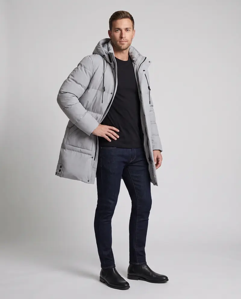 Herren winddichte thermische Parka mit verdeckter Frontlasche und Kordelzugkapuze