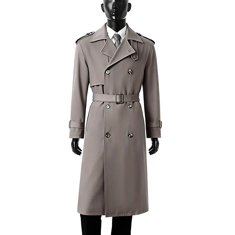 Herren Zeitloser Doppelreihiger Trenchcoat mit Taillengürtel, Schulterklappen und Manschettenriemen Drune