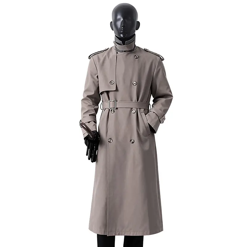 Herren Zeitloser Maxilanger Trenchcoat im Military-Stil mit Sturmklappe und Taillengürtel Drune