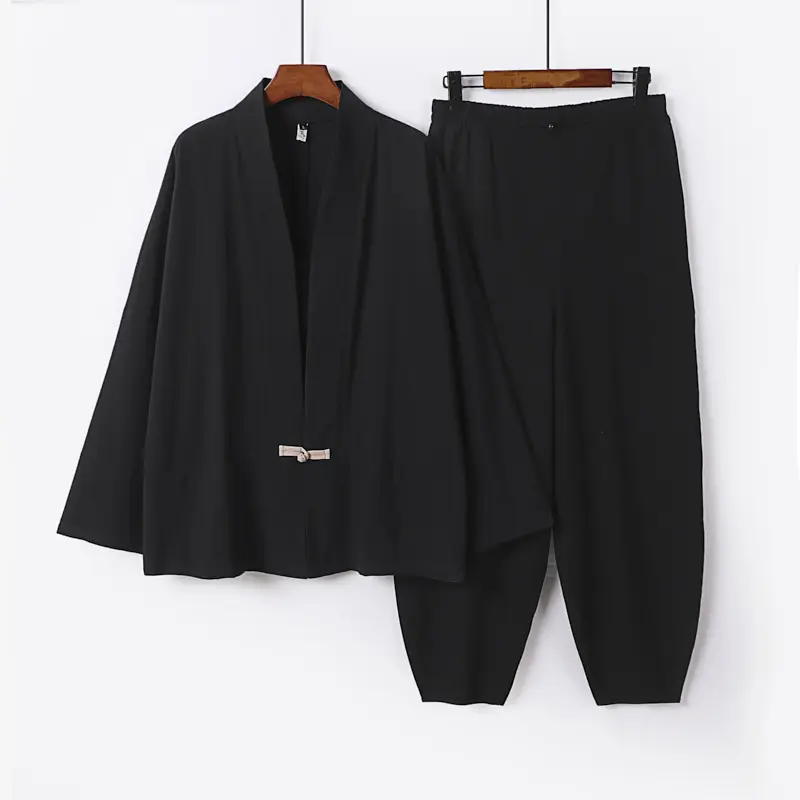 Herren Zen-Relax-Set mit offener Kimono-Jacke, dekorativem Knebelverschluss und tapered Harem-Joggpants Drune