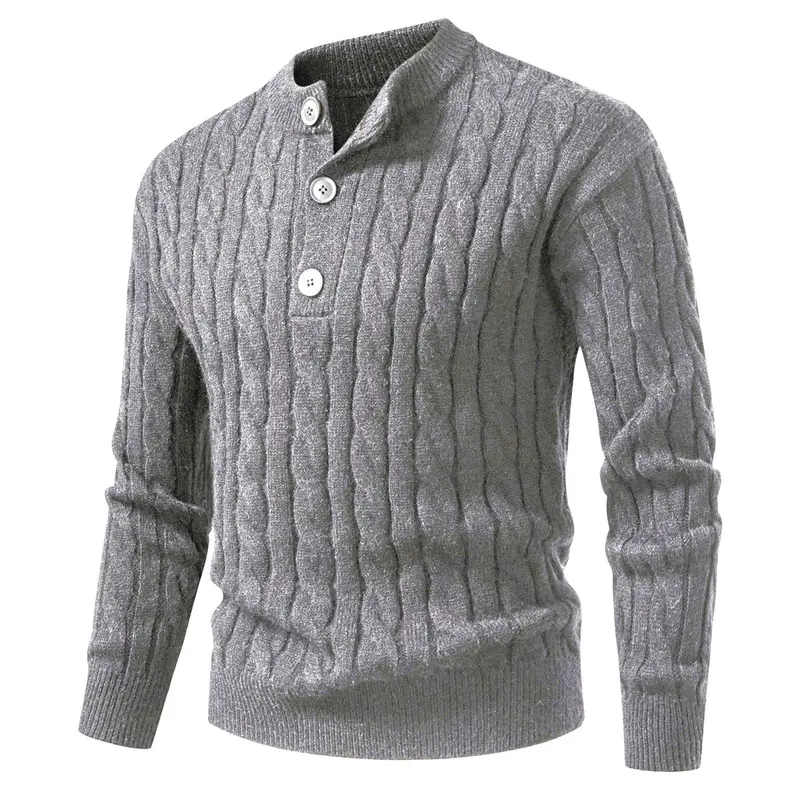 Herren Zopfmuster-Pullover mit kurzer Knopfleiste und Stehkragen Drune