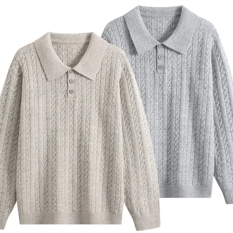 Herren Zopfstrick-Polopullover mit Polokragen, halber Knopfleiste & relaxed Schnitt Drune