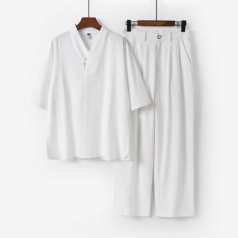 Herren Zweiteiliges Leichtes Kimono-Loungewear-Set mit Stehkragen Knotenverschluss Kurzarm und weiter Bundhose Drune