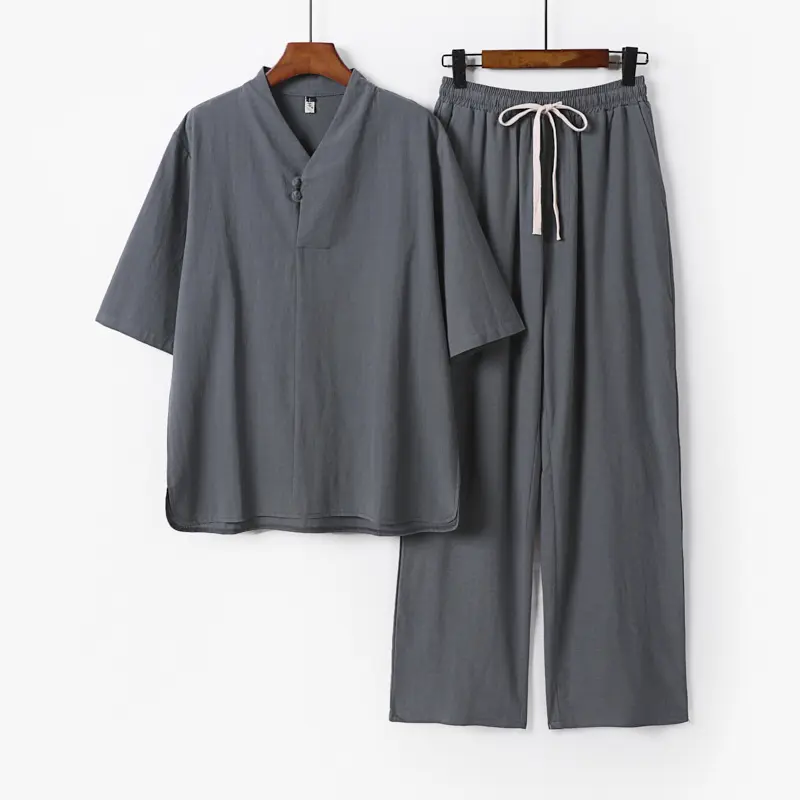 Herren Zweiteiliges Leichtes Loungewear-Set mit Stehkragen-Halbarmshirt und Kordelbund-Hose Drune