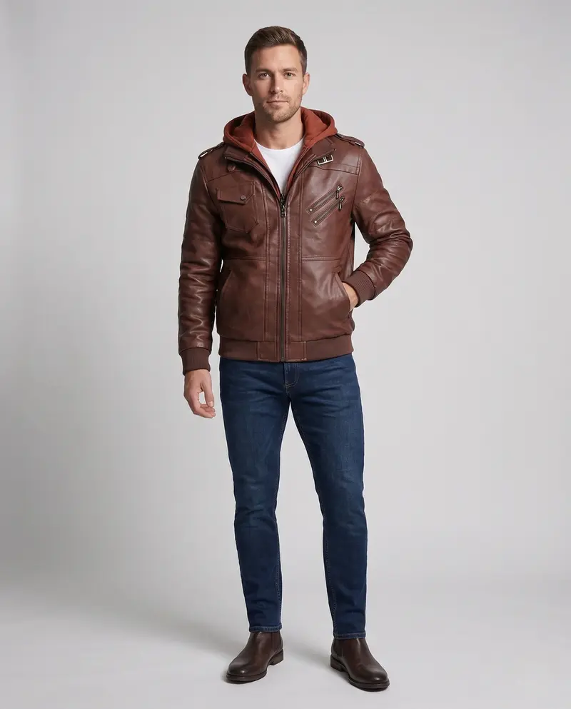 Herrenmode Kunstlederjacke mit abnehmbarer Kapuze Drune