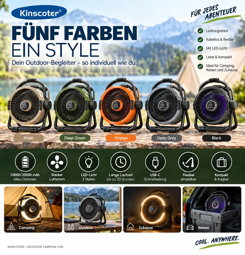 Kinscoter M65 6-in-1 Campingventilator – Akku-Ventilator mit LED-Licht