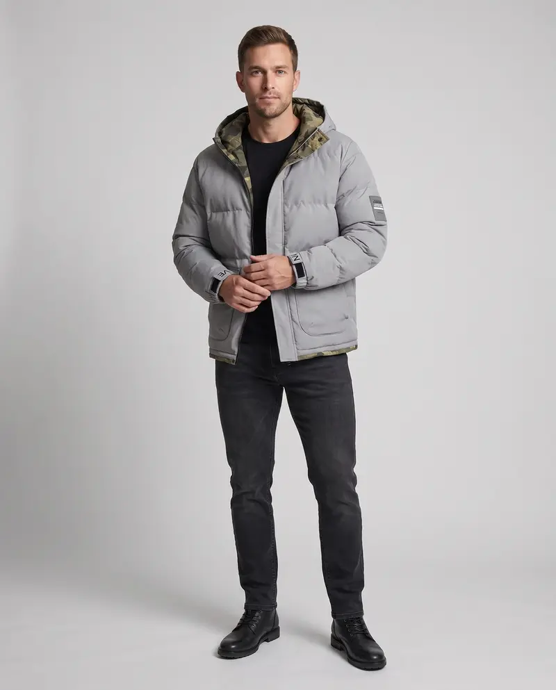 Kurzarm Thermo-Steppparka für Herren mit Kapuze, aufgesetzten Klappentaschen, verdeckter Knopfleiste und camouflaged gefüttertem Innenraum
