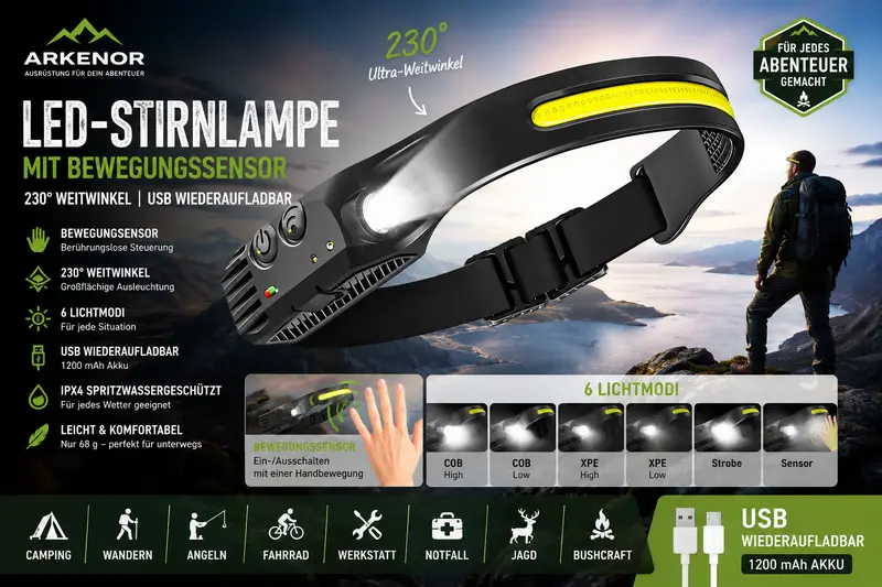 LED-Stirnlampe mit Bewegungssensor – 230° Weitwinkel & USB wiederaufladbar