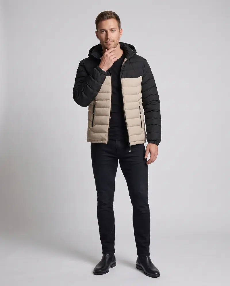Leicht gepolsterte, gesteppte Herrenjacke mit Kapuze und thermo-reflektierendem Innenfutter