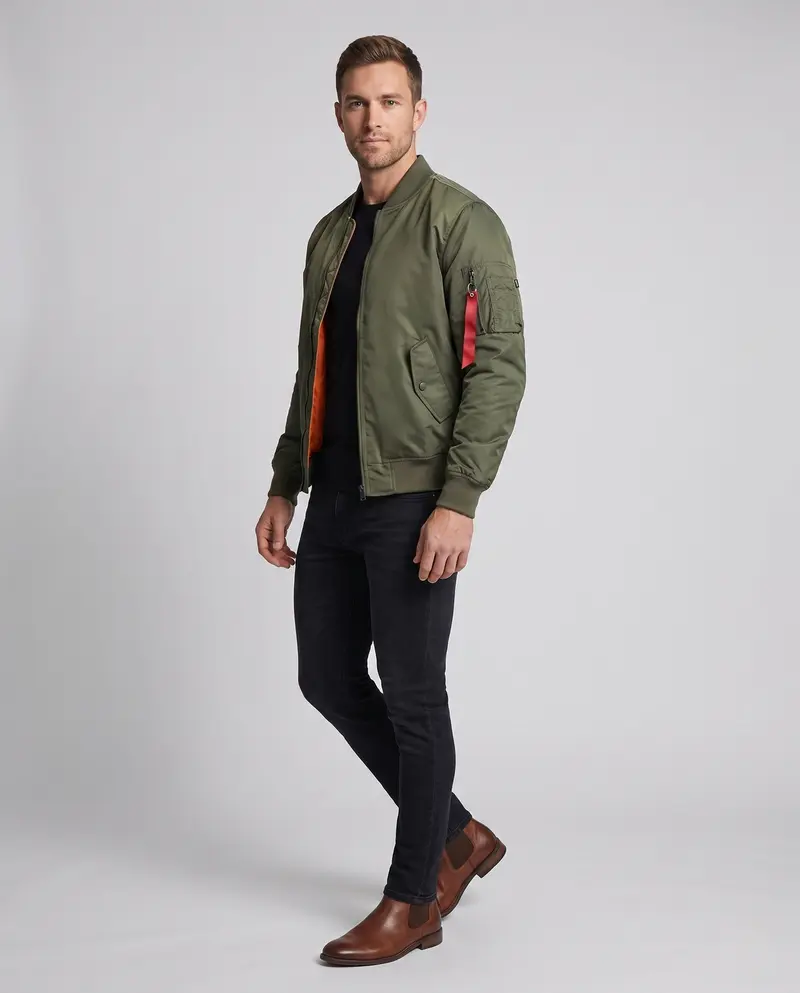 Leichte Bomberjacke für Herren im Aviator-Stil mit kontrastierendem Innenfutter und Armtasche Drune