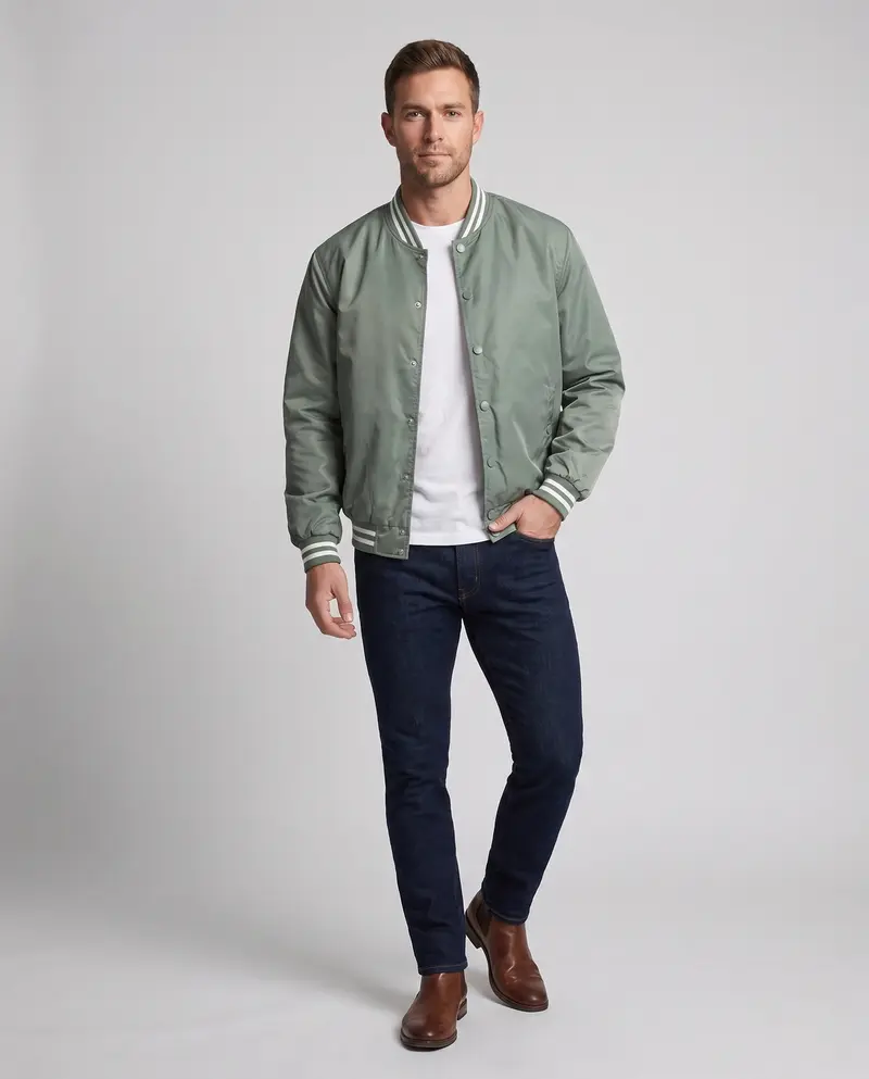 Leichte Satin-Bomberjacke für Herren mit gestreiftem Rippkragen und Druckknopfverschluss Drune