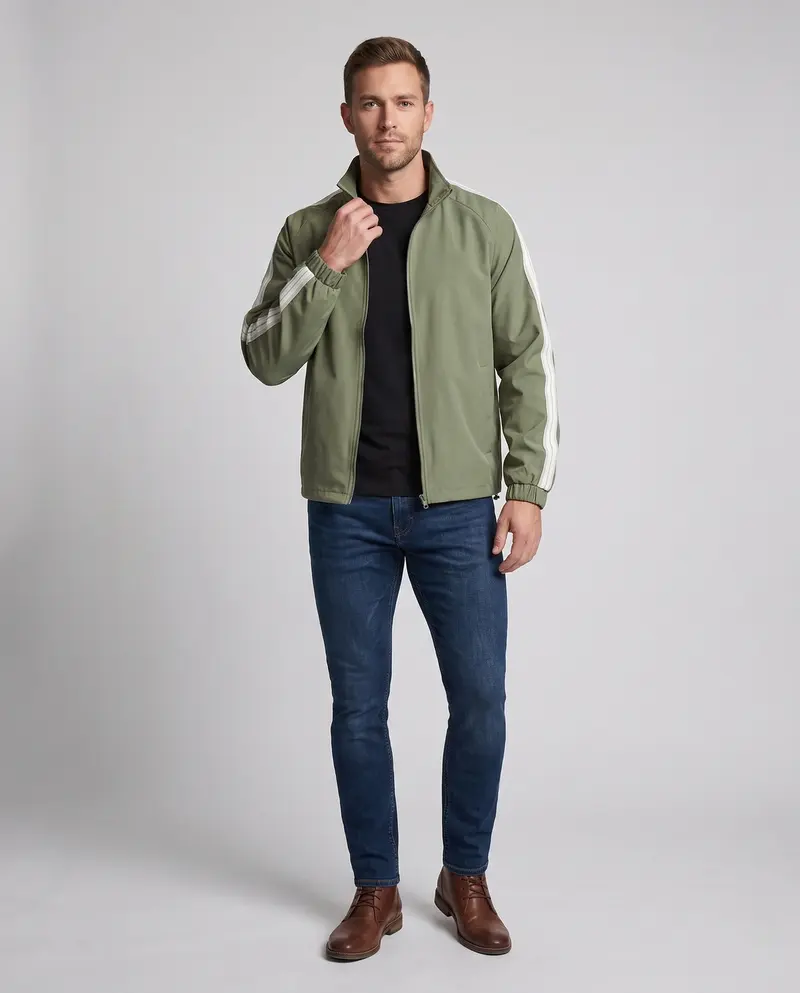 Leichte Sportjacke für Herren mit Ärmelstreifen, durchgehendem Reißverschluss und elastischen Bündchen