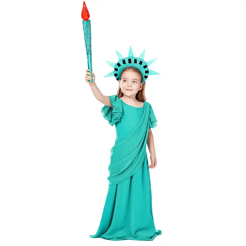 Mädchen Kostüm als Freiheitsstatue mit elegantem Kleid und Accessoires Drune