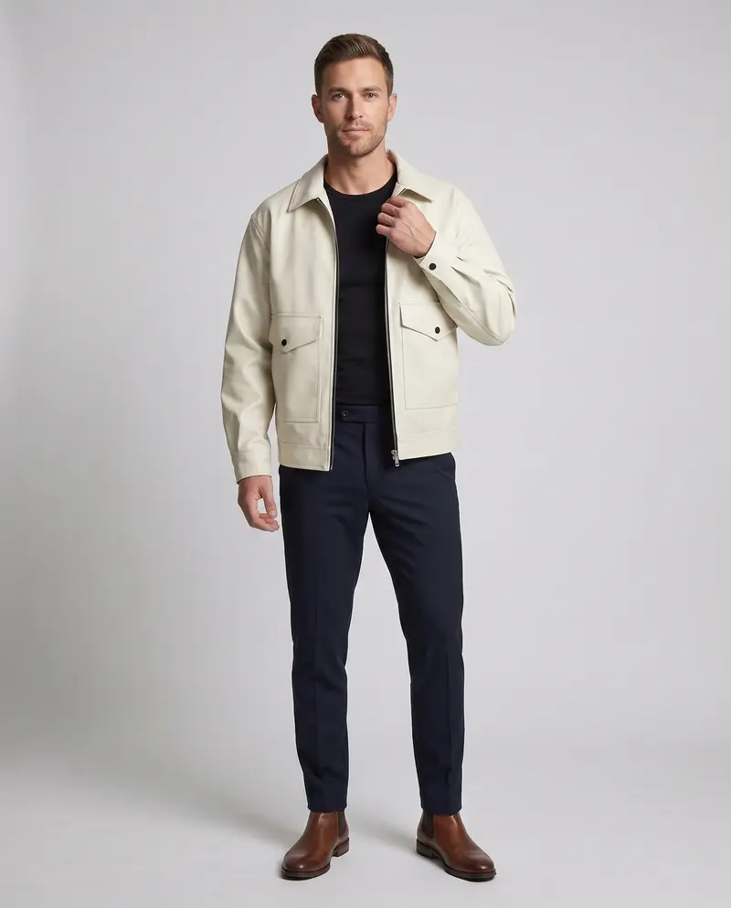 Männer Casual Boxy Kunstlederjacke mit Hemdkragen, Klappen Taschen und Zwei-Wege-Reißverschluss