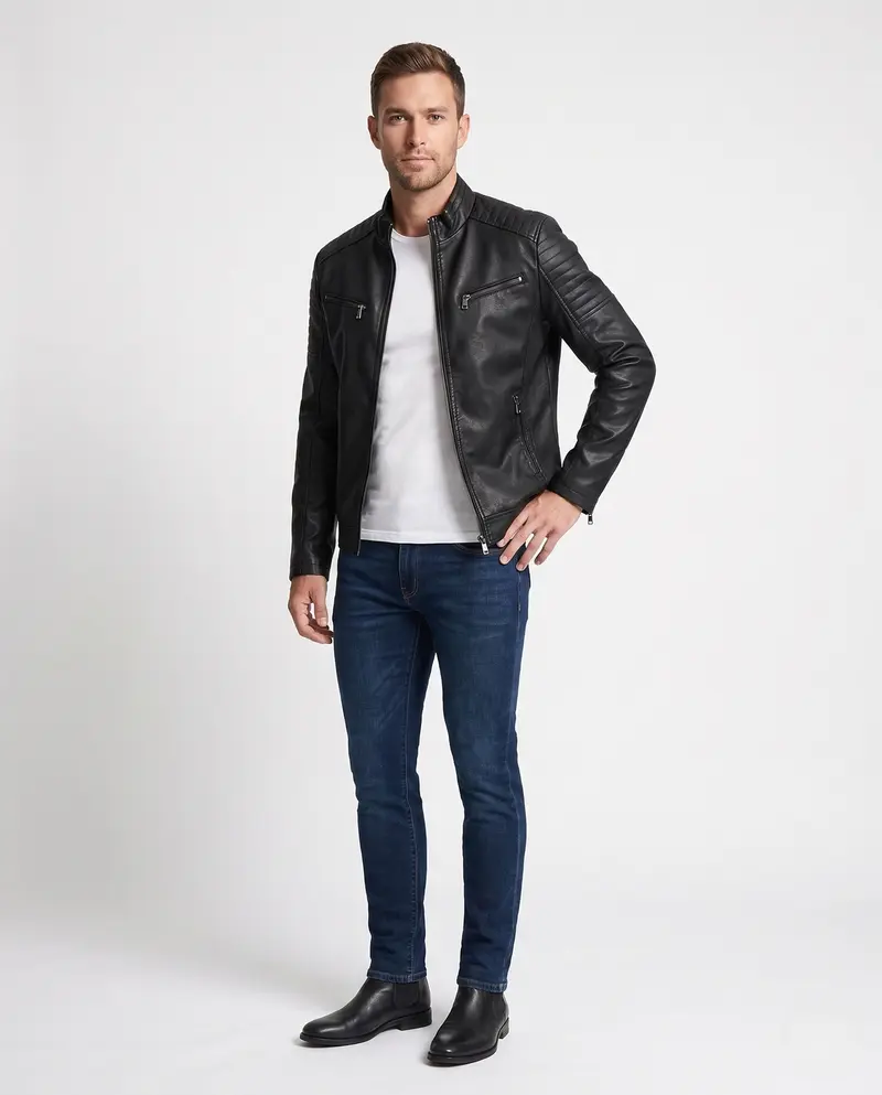 Männer Faux-Leder Bikerjacke mit gesteppten Schultern und Stehkragen Drune