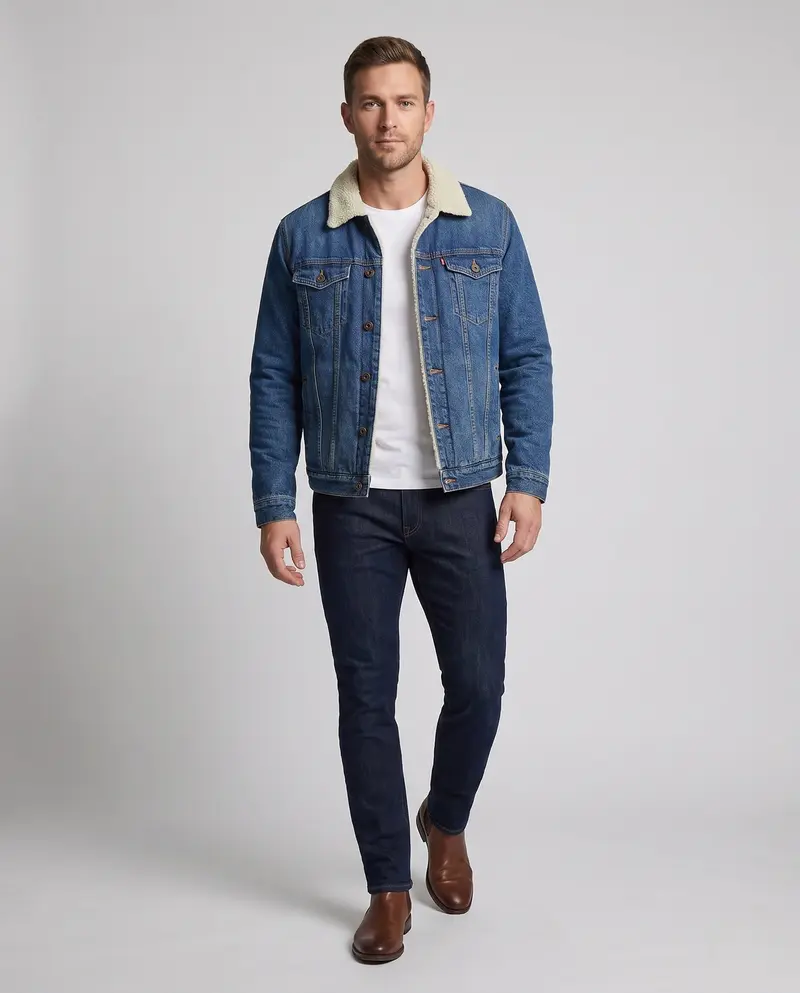 Männer gefütterte Jeansjacke mit Sherpa-Futter und Hemdkragen Drune