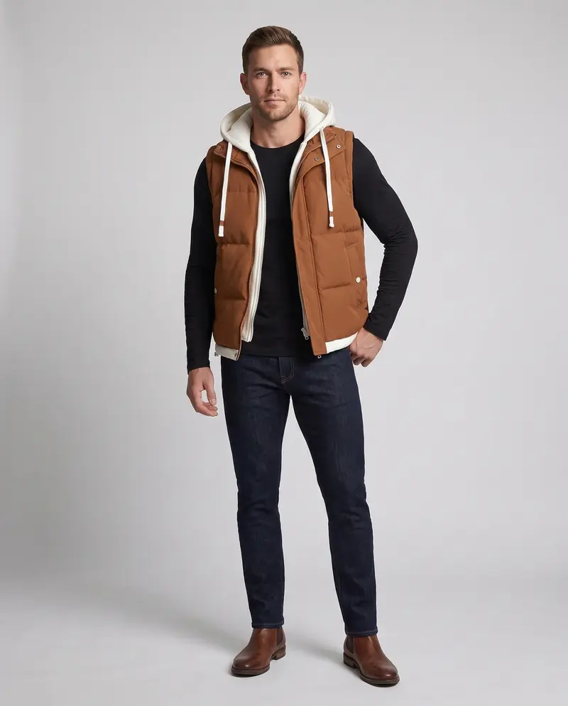 Männer gesteppte Kapuzenweste im Lagenlook mit weichem Fleece-Futter