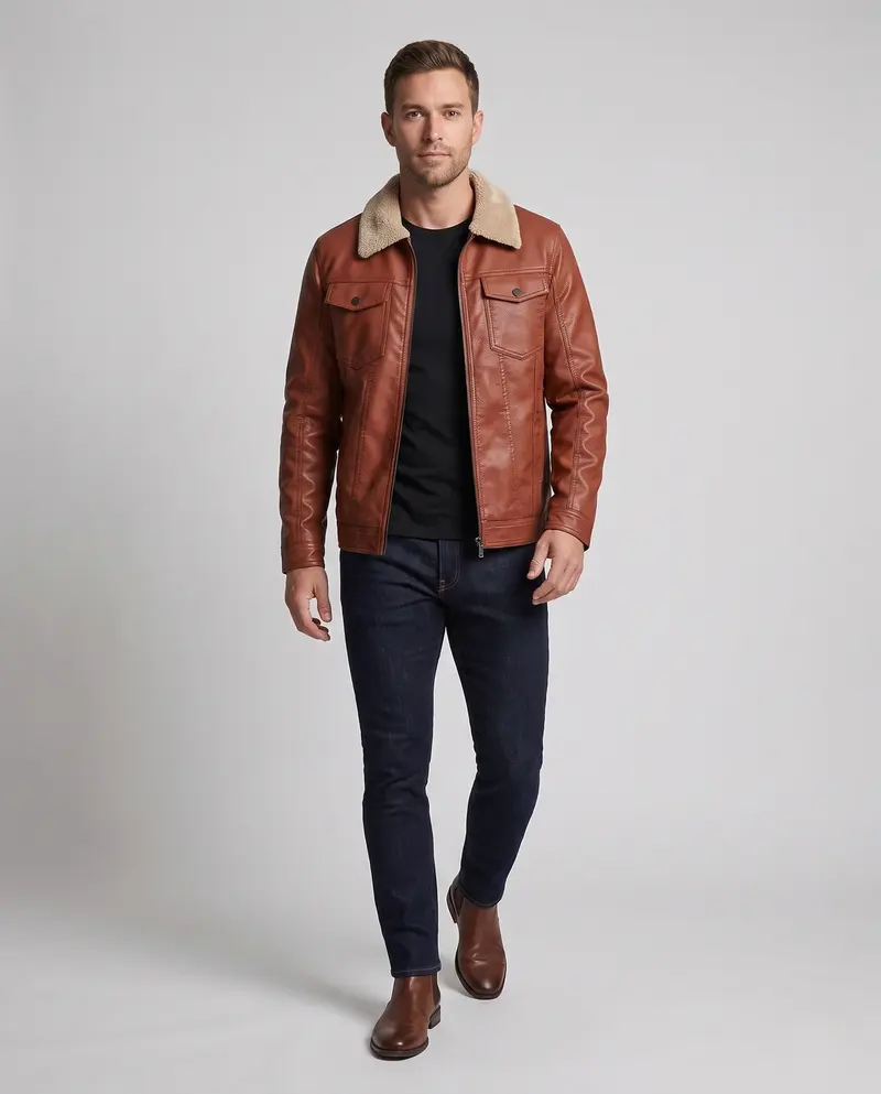 Männer Jacke aus Kunstleder mit Teddykragen und Reißverschluss Drune