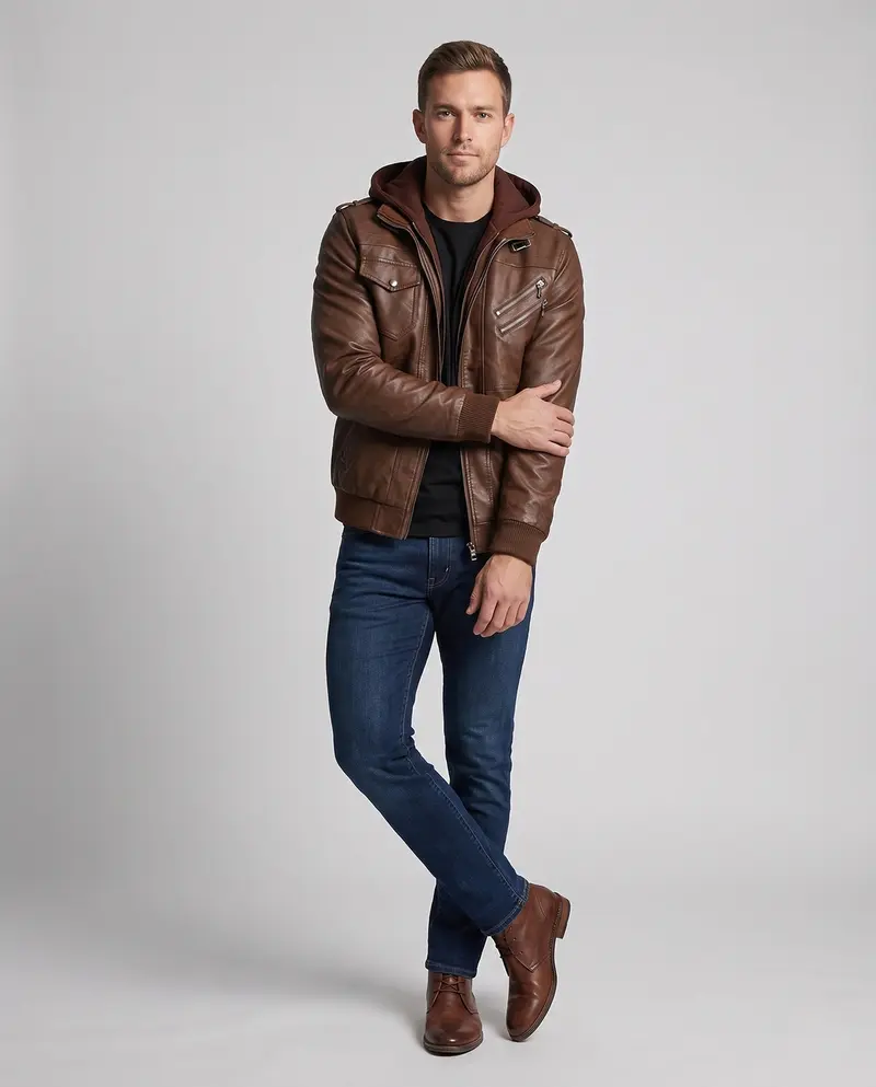 Männer Stylische Kunstlederjacke mit Abnehmbarer Kapuze Drune
