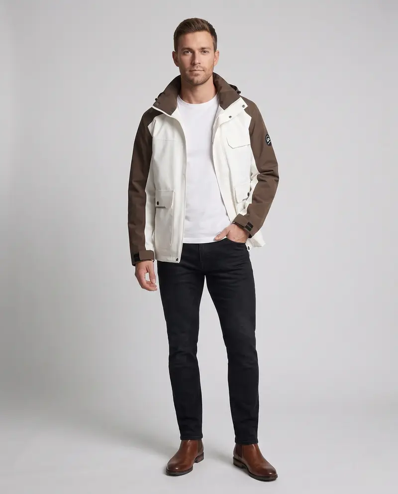 Männer zweifarbige funktionale Feldjacke mit verstellbarer Kapuze, Pattenaschen und winddichter Frontklappe
