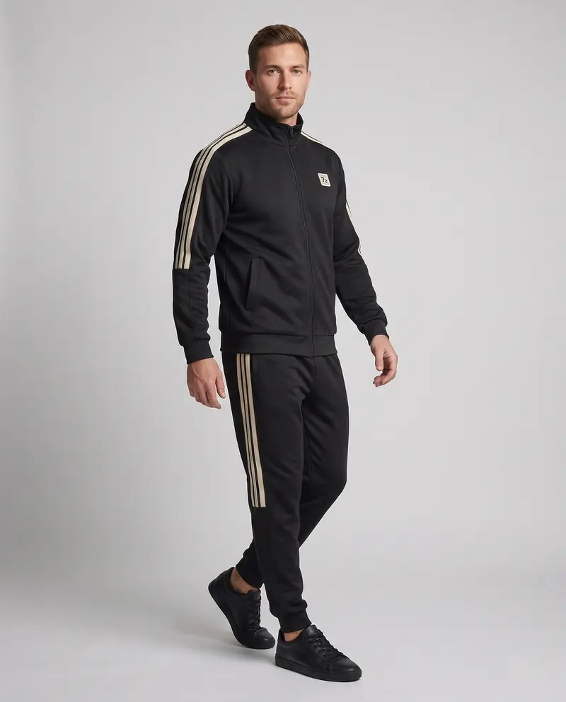 Männliches sportliches Zip-Trainingsset mit Stehkragen, Kontraststreifen und elastischem Bund