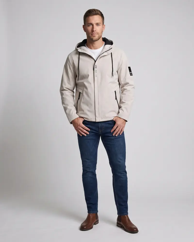 Moderne, leichte Softshell-Hybrid-Hoodie-Jacke für Herren mit verstellbarer Kapuze und wasserdichten Reißverschluss-Taschen