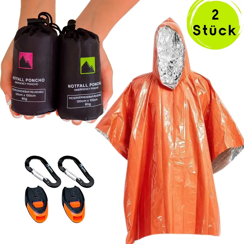 Notfall Poncho mit Kapuze & Signalpfeife | Wasserdicht, Wärmend & Reflektierend