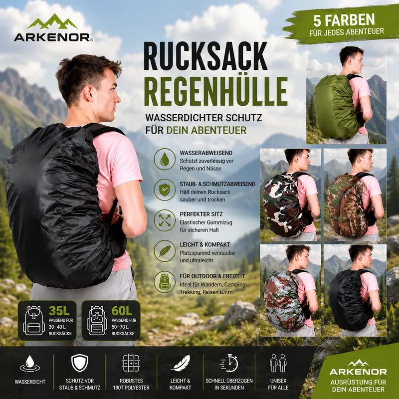 Regenhülle für Rucksäcke – Wasserdichter Regenschutz 35L/60L