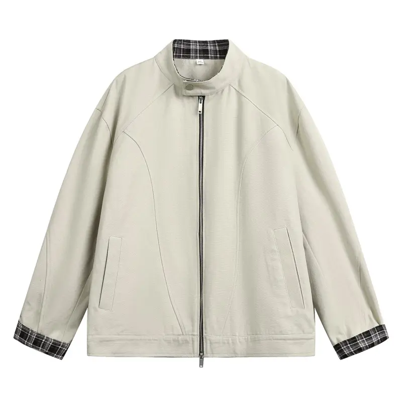 Unisex Boxy-Übergangsjacke mit Stehkragen kariertem Innenfutter und Zweiwege-Reißverschluss Drune