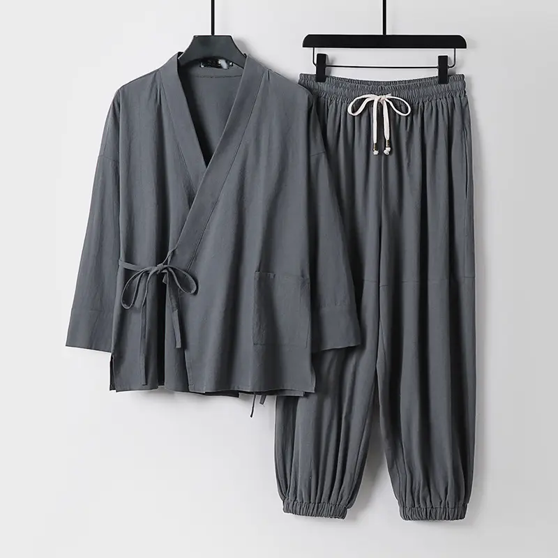 Unisex Entspanntes Kimono-Set mit Wickeljacke, dreiviertelärmeln und elastischer Kordelharemshose Drune