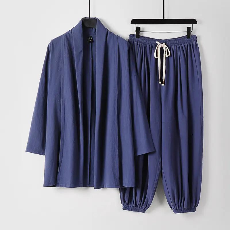 Unisex Entspanntes Kimono-Zweiteiler aus Baumwollmusselin mit Schalkragenjacke und geraffter Knöchelhose Drune