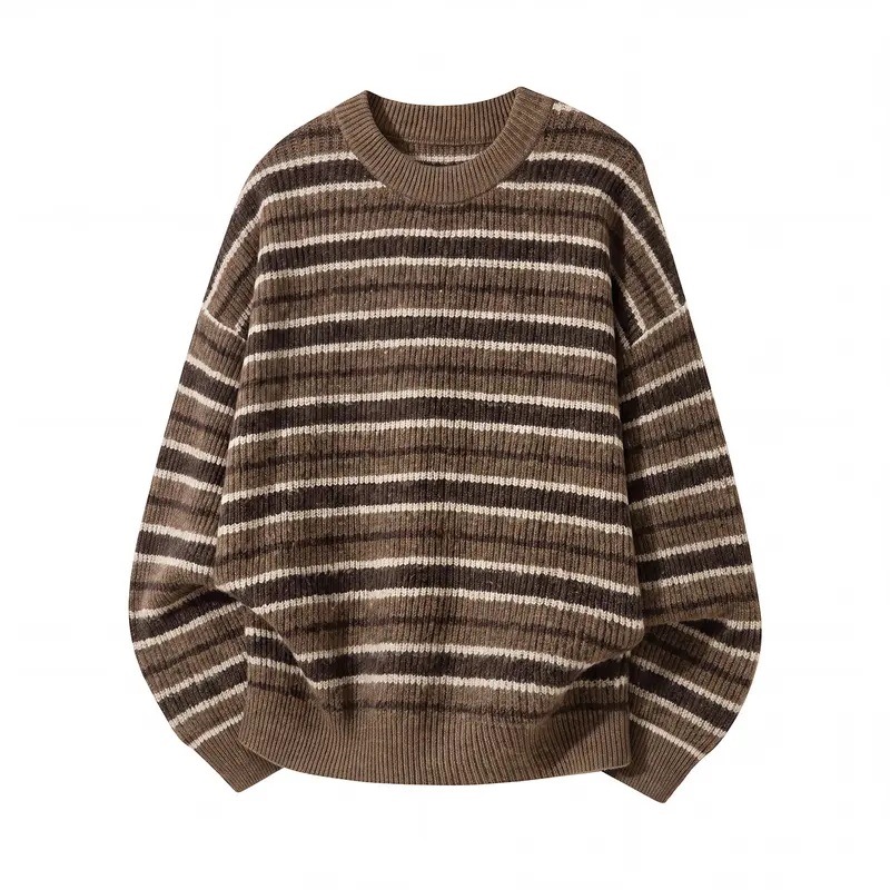 Unisex Gestreifter Oversize-Rippenstrickpullover mit Rundhalsausschnitt Drune