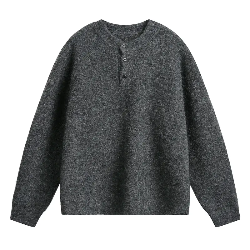Unisex Grobgestrickter Henley-Pullover mit Rundhalsausschnitt und Knopfleiste Drune