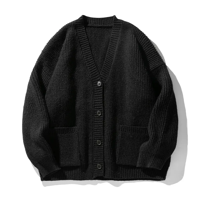 Unisex Grobgestrickter Relaxed-Cardigan mit tiefem V‑Ausschnitt, Kastenform und aufgesetzten Taschen Drune