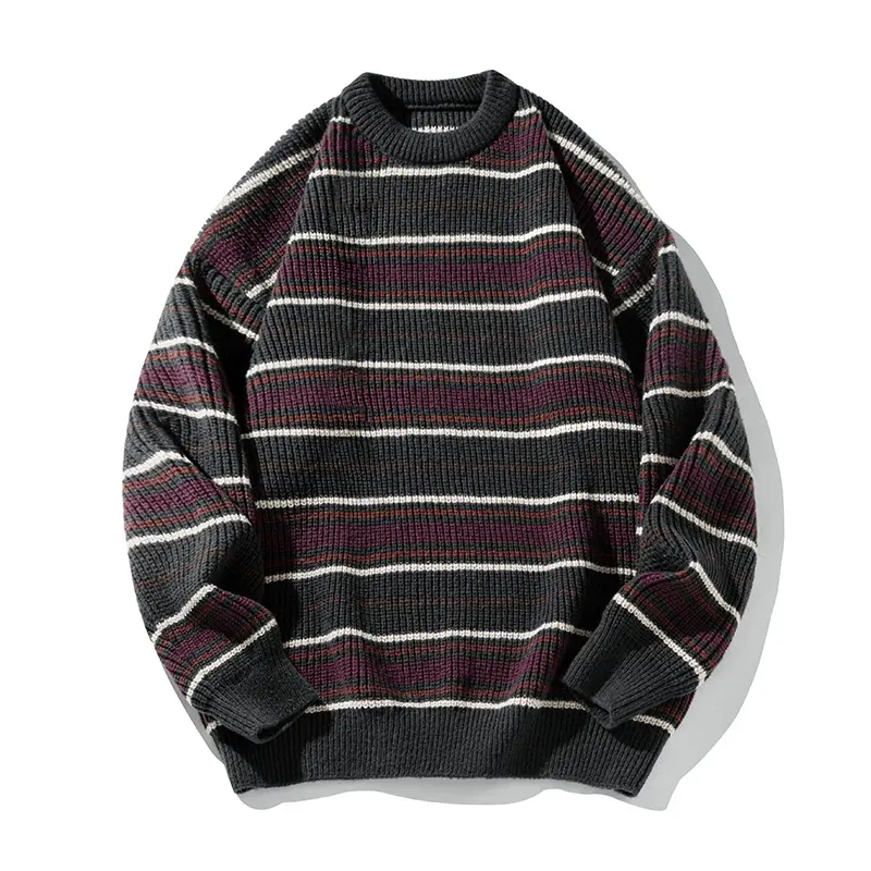 Unisex Grobstrickpullover im Streifenmuster mit Rippenstruktur, Rundhals und Drop-Shoulder Drune