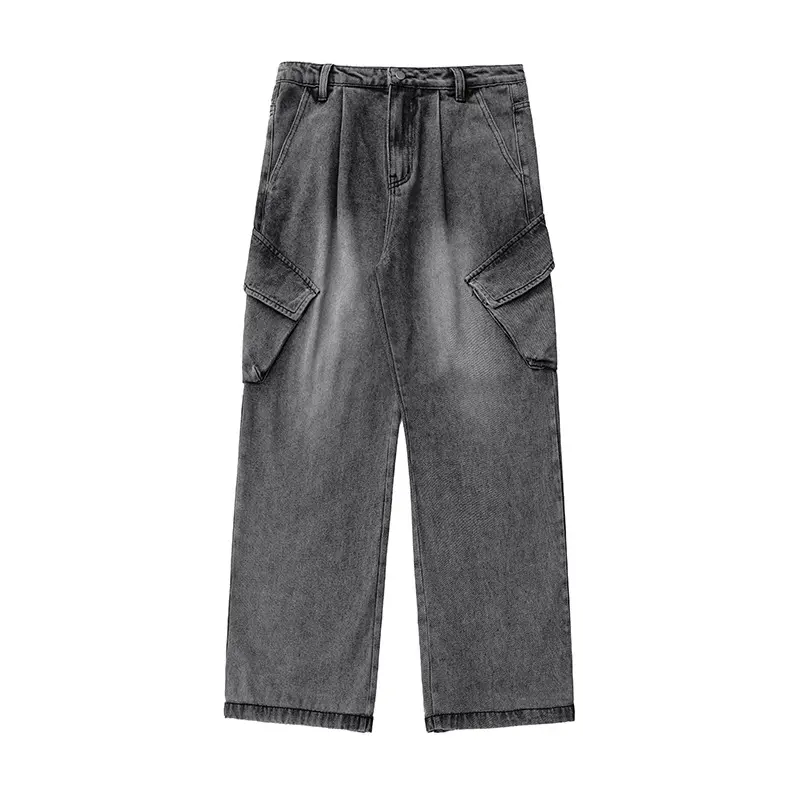 Unisex Hochtaillierte Relaxed-Denim‑Cargohose mit weitem Palazzoschnitt und asymmetrischen Klappentaschen Drune