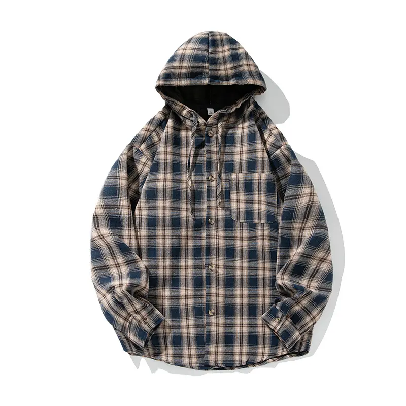 Unisex Kapuzen-Flanell-Overshirt im Karomuster mit Knopfleiste und Brusttasche Drune