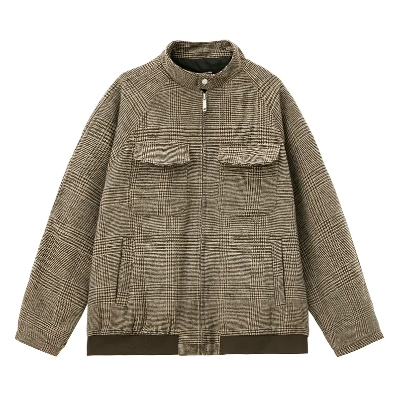 Unisex Karierte Utility-Hemdjacke mit Stehkragen, Brustklappen und Reißverschluss Drune
