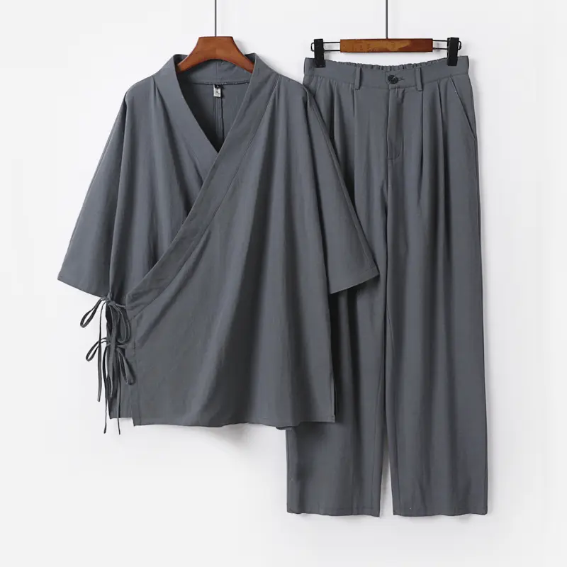 Unisex Kimono-Freizeit-Set mit Wickeloberteil und elastischer Bundhose Drune